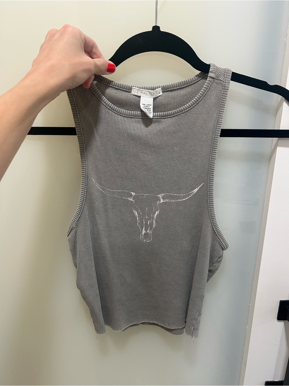 Full Tilt Women's Taupe Ribbed Tank with Longhorn Print